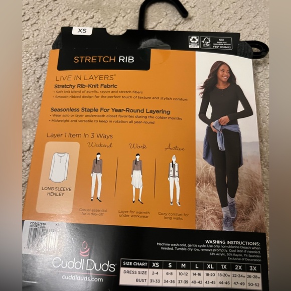 Cuddl Duds stretch rib Henley top XS NWT - Picture 2 of 4